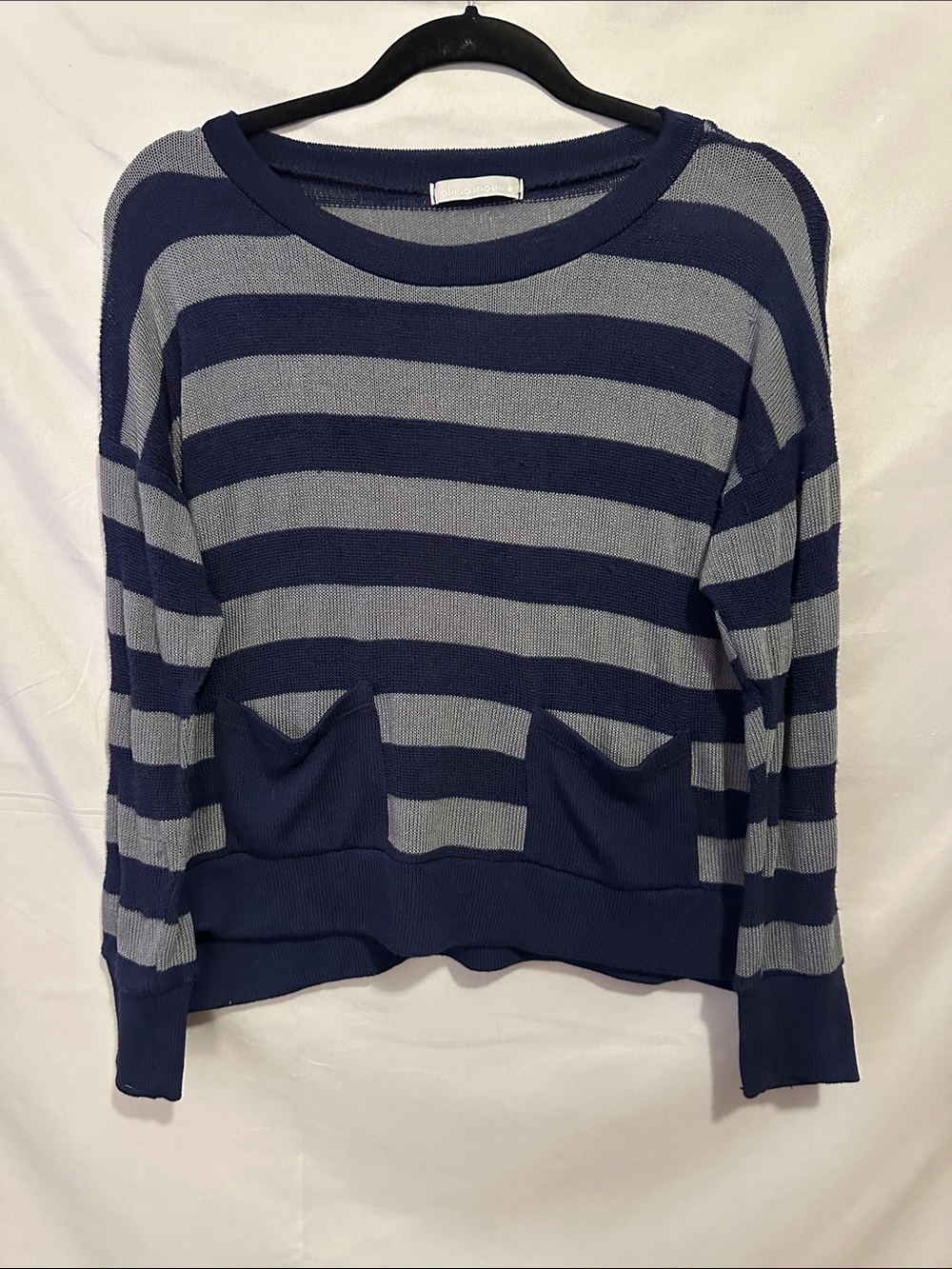 Olivia Moon Navy and Gray Striped Crewneck Sweater